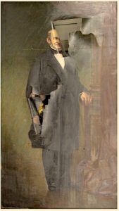 a full body portrait of a victorian-looking man with a large rip going down the center