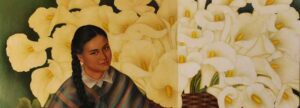 Painting of a Mexican woman sitting in front of white calla lilies. The left side of the painting has old, yellow varnish, and the right side has had the old varnish removed.